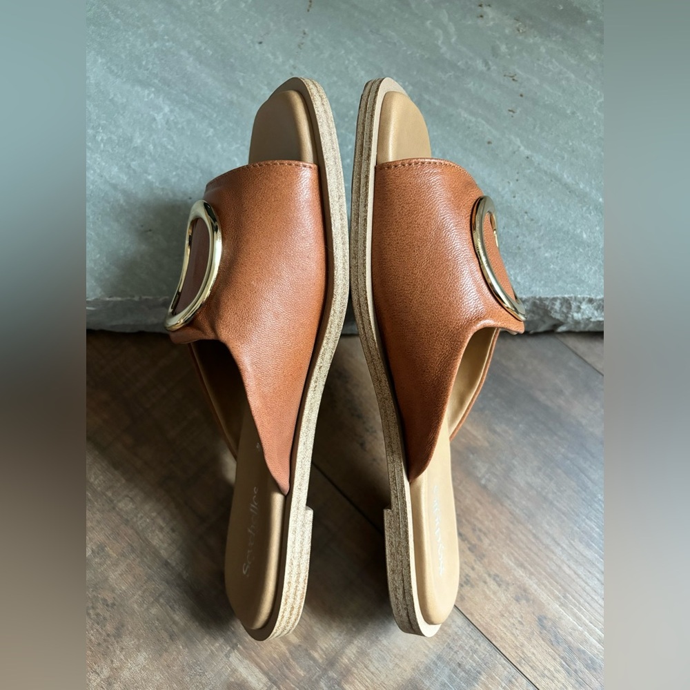 Seychelles Women’s Size 8.5 Tan Leather Gold End Of Time Slide Sandal FLAW - Picture 6 of 10